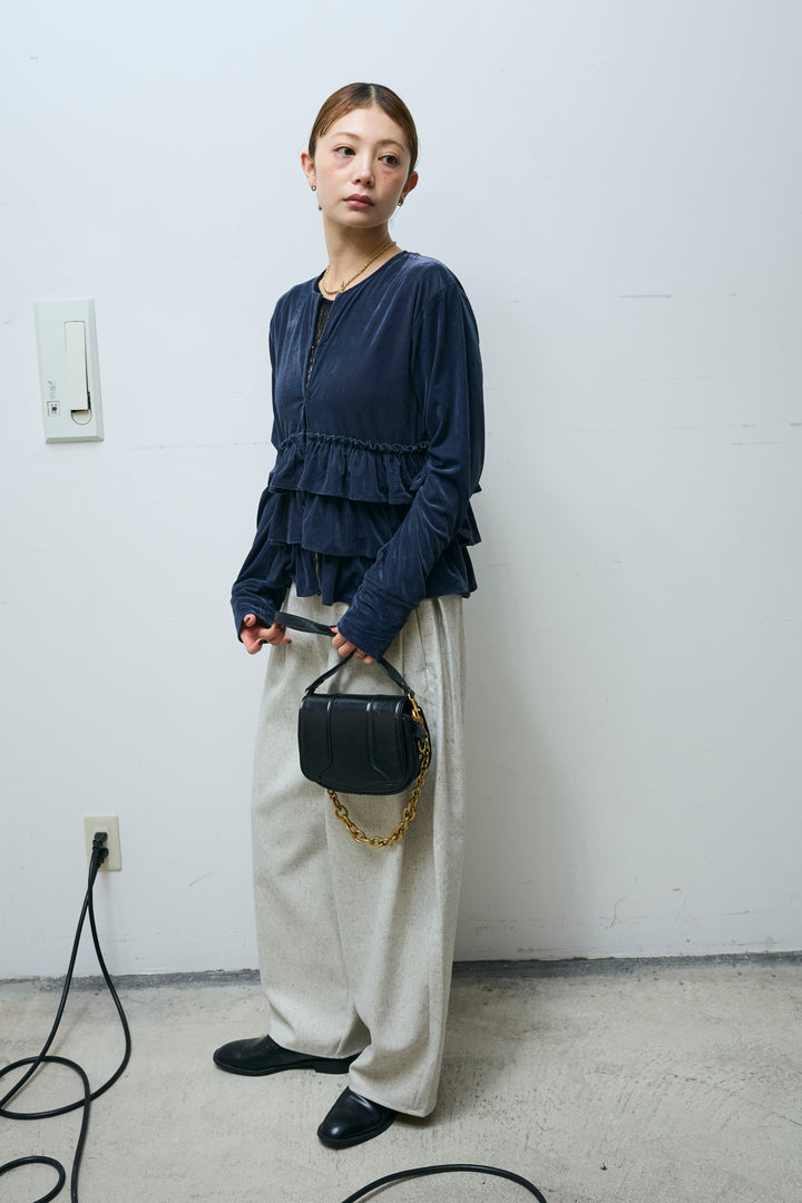 [予約/SET]シアーベロアティアードカーディガン+ミックスカルゼサイドタックコクーンPT(2set)