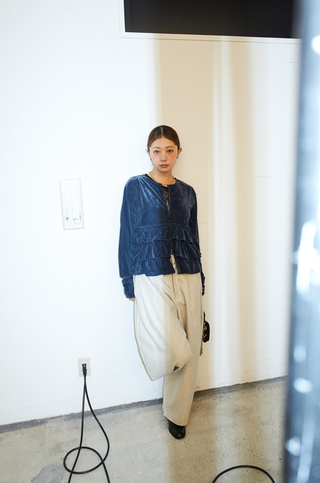 [予約/SET]シアーベロアティアードカーディガン+ミックスカルゼサイドタックコクーンPT(2set)