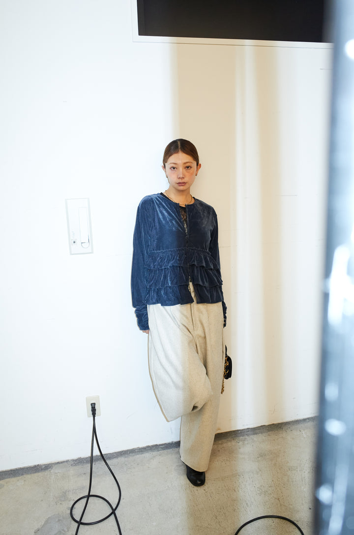 [予約/SET]シアーベロアティアードカーディガン+ミックスカルゼサイドタックコクーンPT(2set)