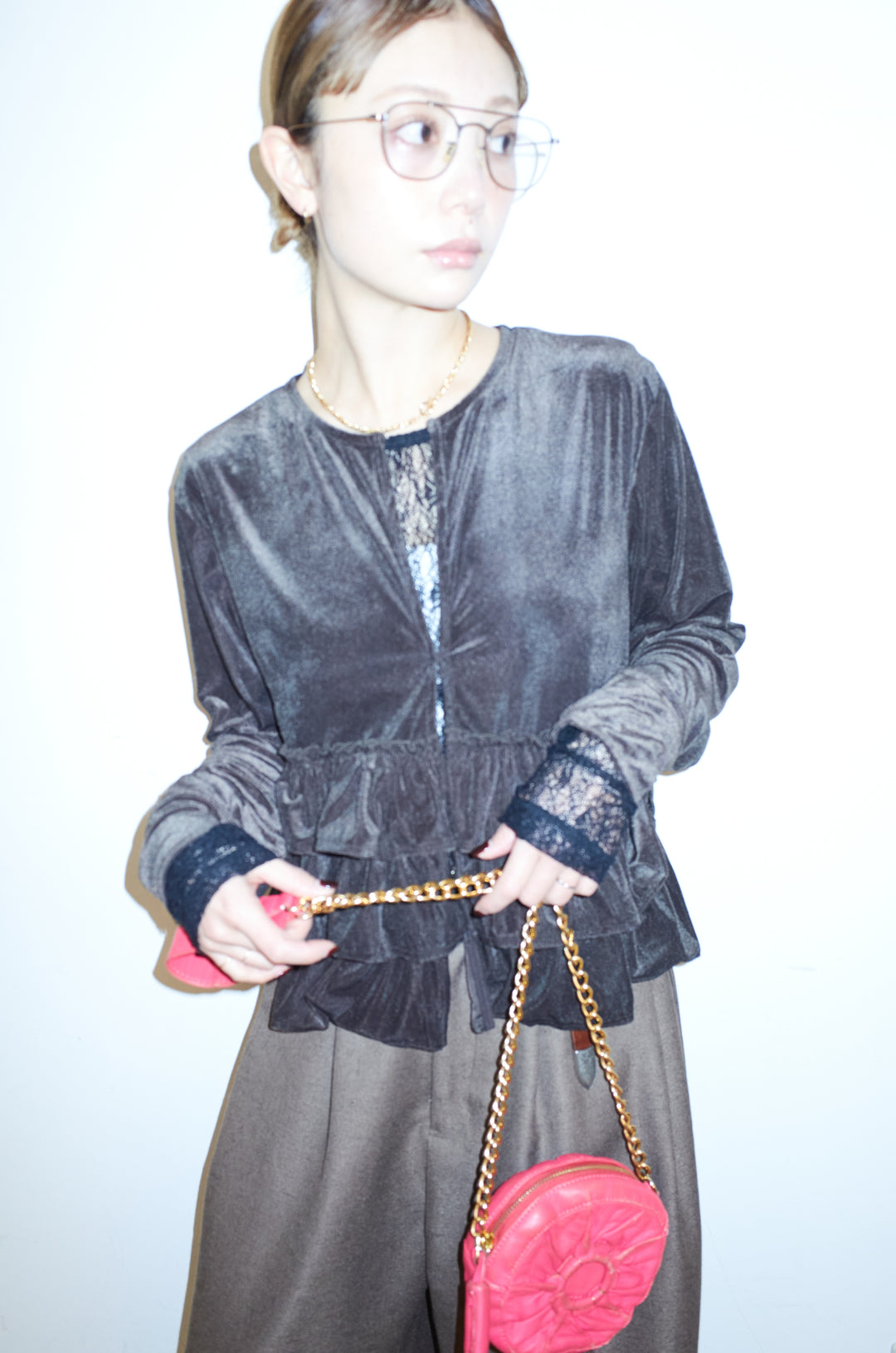 [予約/SET]シアーベロアティアードカーディガン+ミックスカルゼサイドタックコクーンPT(2set)