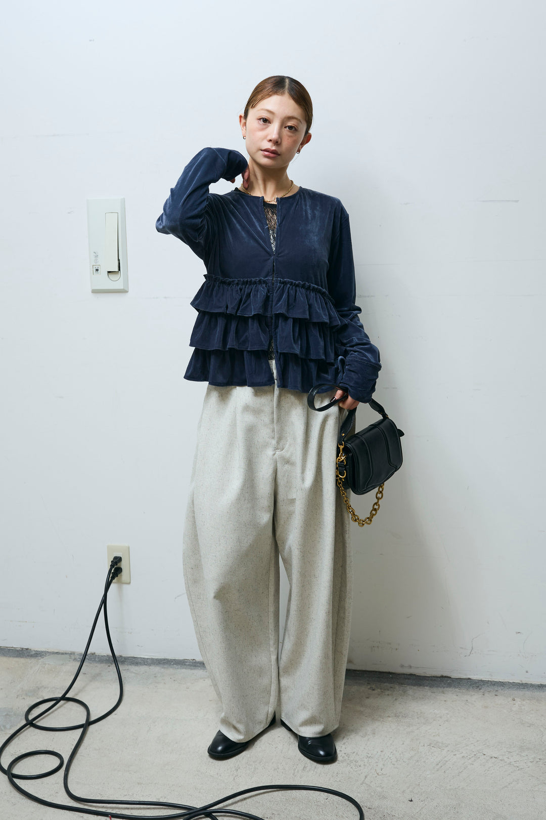 [予約/SET]シアーベロアティアードカーディガン+シアーレーストップス+ミックスカルゼサイドタックコクーンPT(3set)