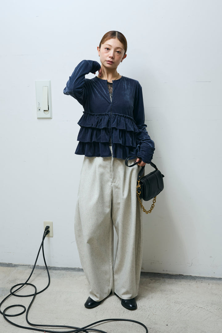 [予約/SET]シアーベロアティアードカーディガン+シアーレーストップス+ミックスカルゼサイドタックコクーンPT(3set)