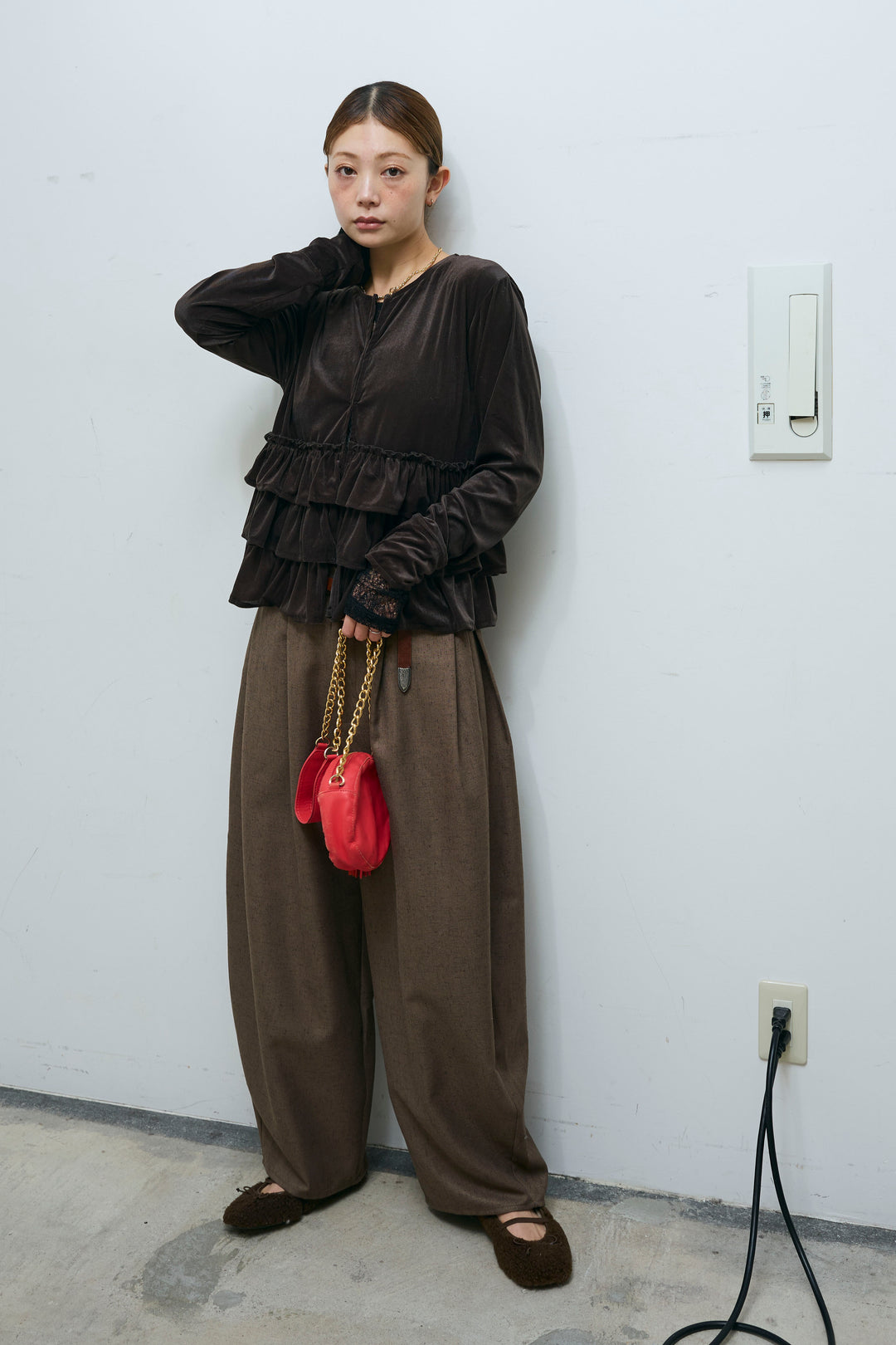 [予約/SET]シアーベロアティアードカーディガン+ミックスカルゼサイドタックコクーンPT(2set)