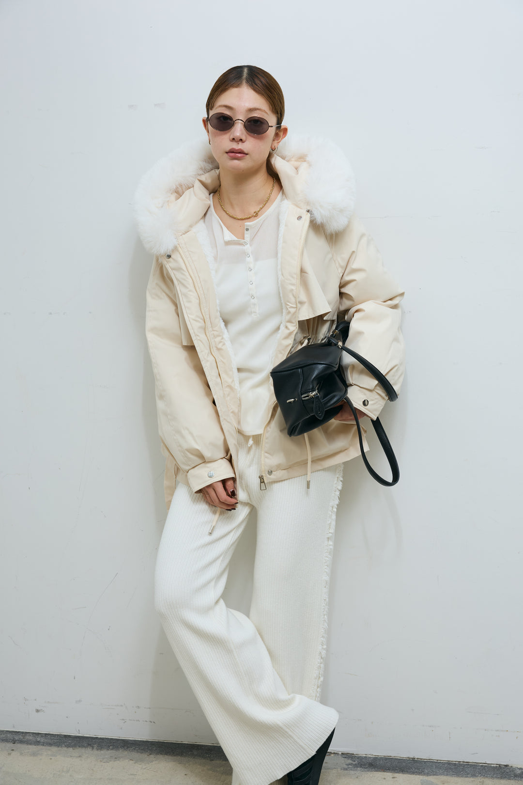 [予約/SET]ファーフード付きモッズコート+サイドフリンジニットパンツ(2set)