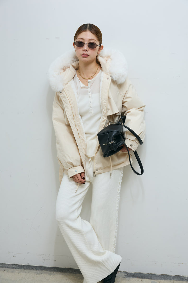 [予約/SET]ファーフード付きモッズコート+サイドフリンジニットパンツ(2set)