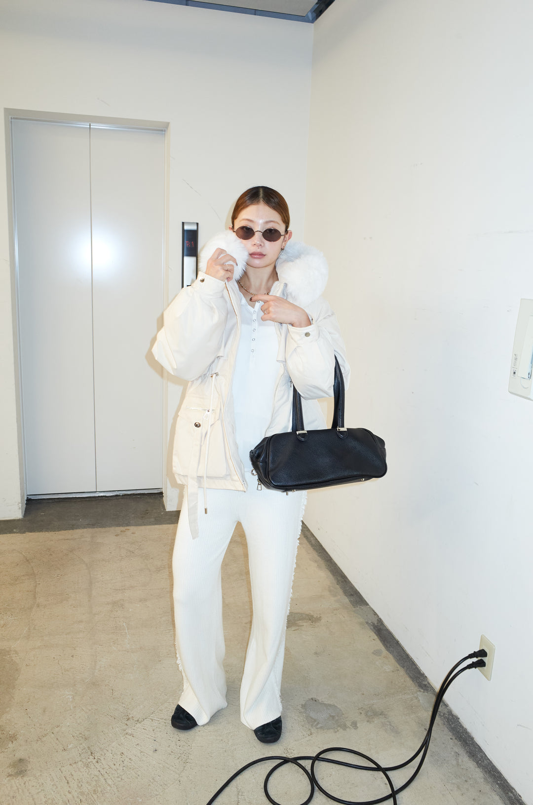 [予約/SET]ファーフード付きモッズコート+サイドフリンジニットパンツ(2set)