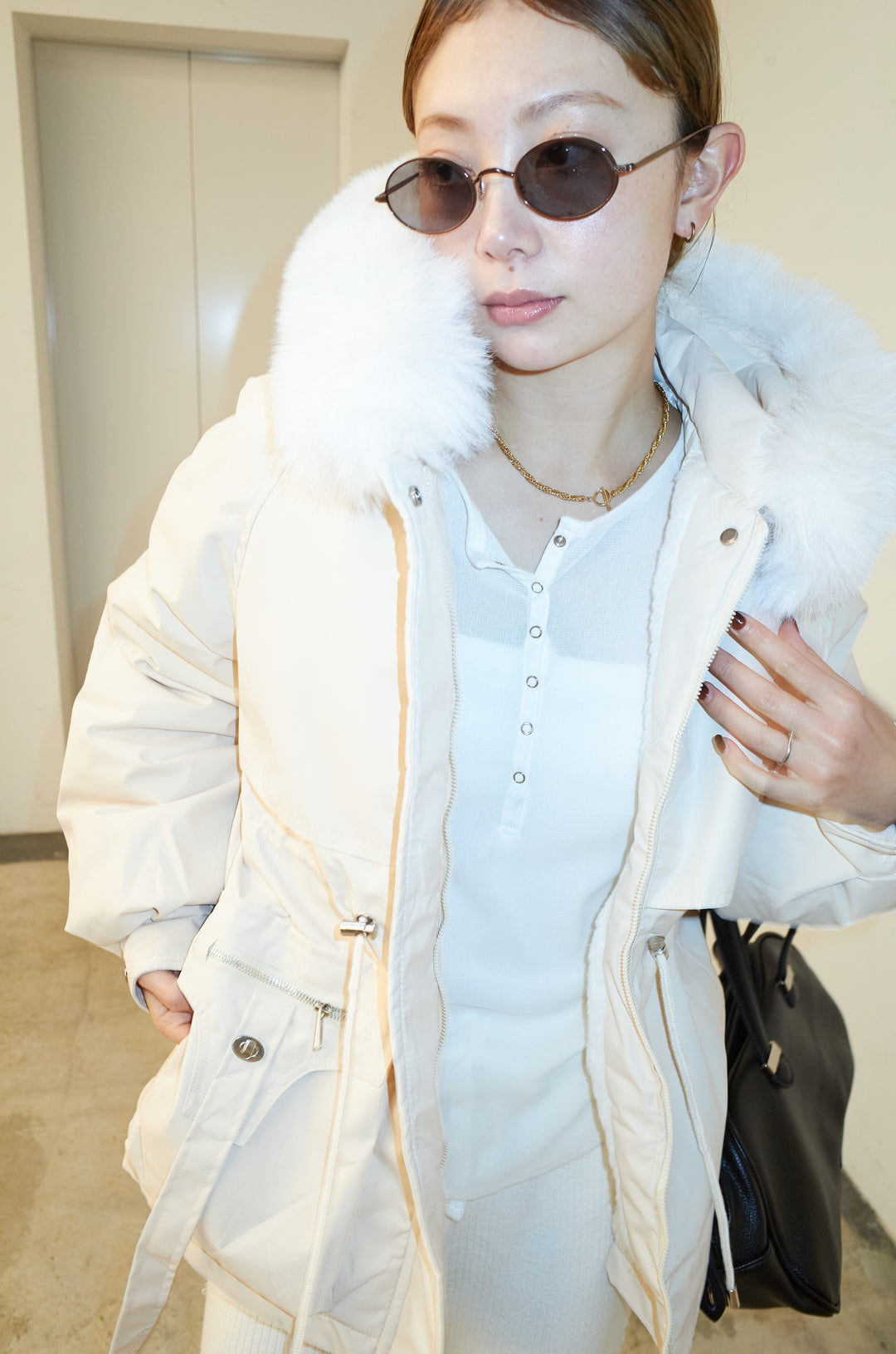 [予約/SET]ファーフード付きモッズコート+サイドフリンジニットパンツ(2set)