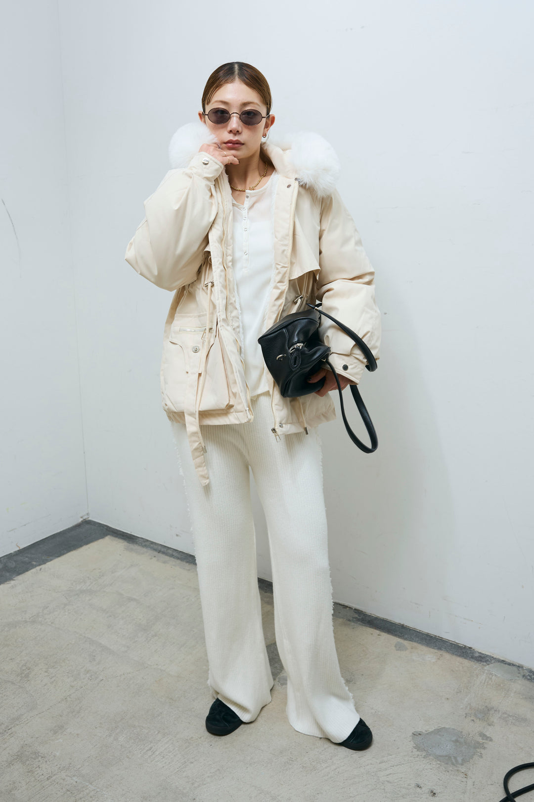 [予約/SET]ファーフード付きモッズコート+サイドフリンジニットパンツ(2set)