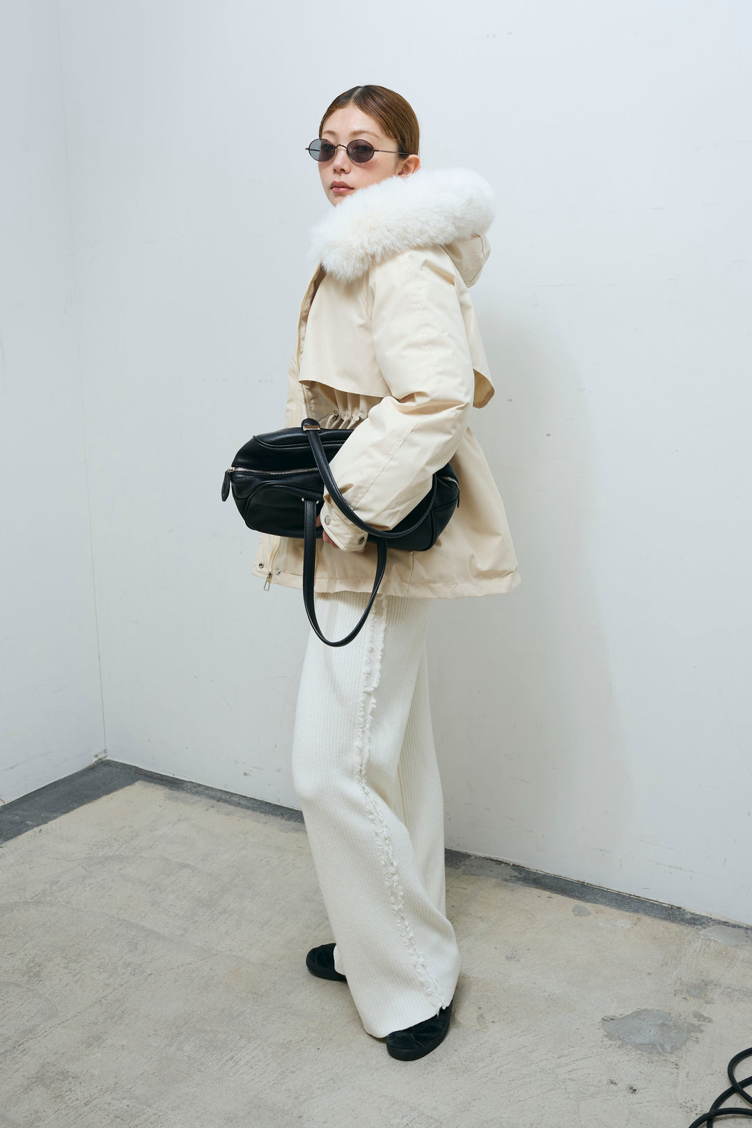 [予約/SET]ファーフード付きモッズコート+サイドフリンジニットパンツ(2set)