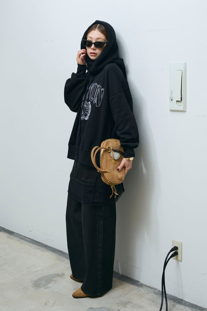 [予約/SET]カレッジロゴ刺繍スウェット+ウエスト切り替えストレートデニム(2set)