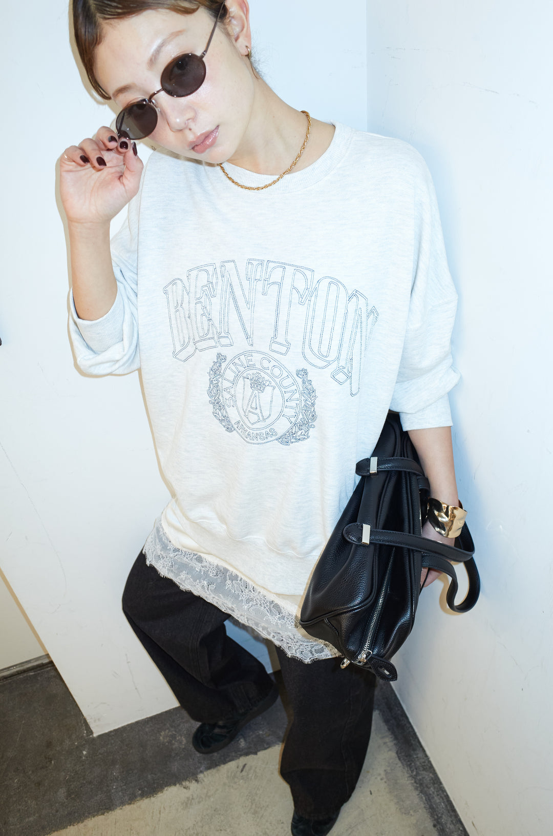 [予約/SET]カレッジロゴ刺繍スウェット+ウエスト切り替えストレートデニム(2set)