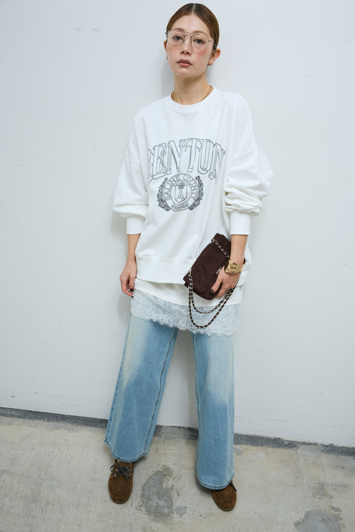 [予約/SET]カレッジロゴ刺繍スウェット+ウエスト切り替えストレートデニム(2set)