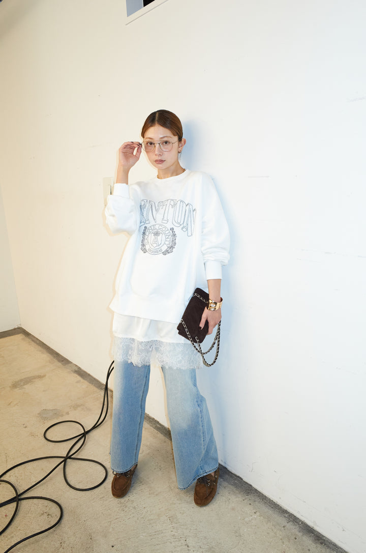 [予約/SET]カレッジロゴ刺繍スウェット+ウエスト切り替えストレートデニム(2set)