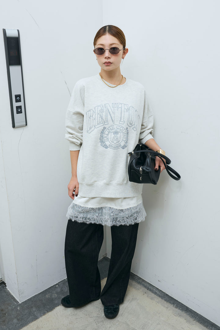 [予約/SET]カレッジロゴ刺繍スウェット+レースキャミ+ウエスト切り替えストレートデニム(3set)