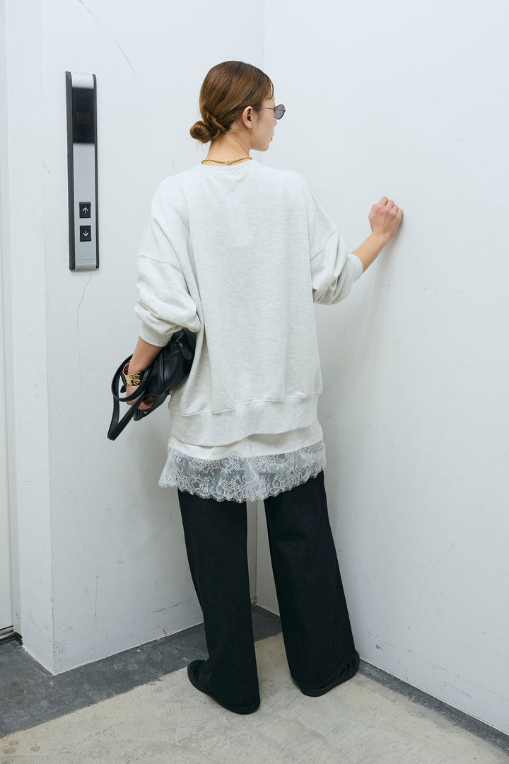 [予約/SET]カレッジロゴ刺繍スウェット+レースキャミ+ウエスト切り替えストレートデニム(3set)