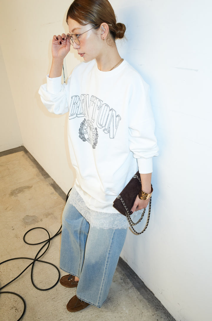 [予約/SET]カレッジロゴ刺繍スウェット+レースキャミ+ウエスト切り替えストレートデニム(3set)