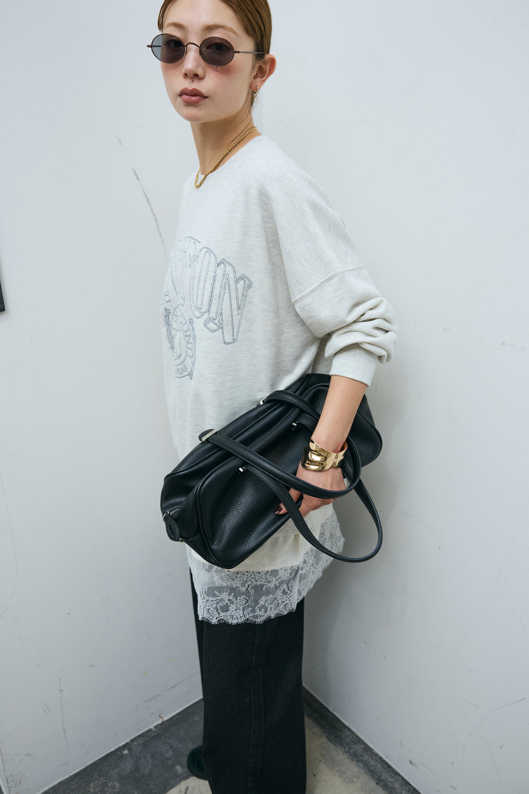 [予約/SET]カレッジロゴ刺繍スウェット+ウエスト切り替えストレートデニム(2set)