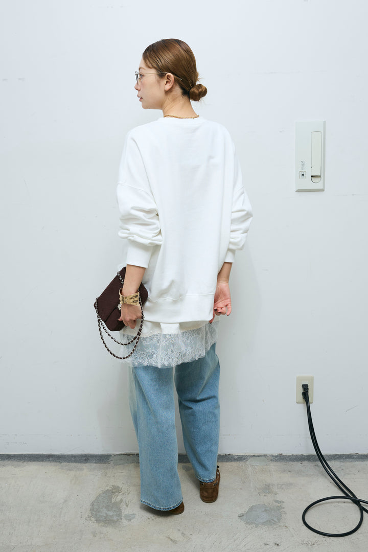 [予約/SET]カレッジロゴ刺繍スウェット+ウエスト切り替えストレートデニム(2set)