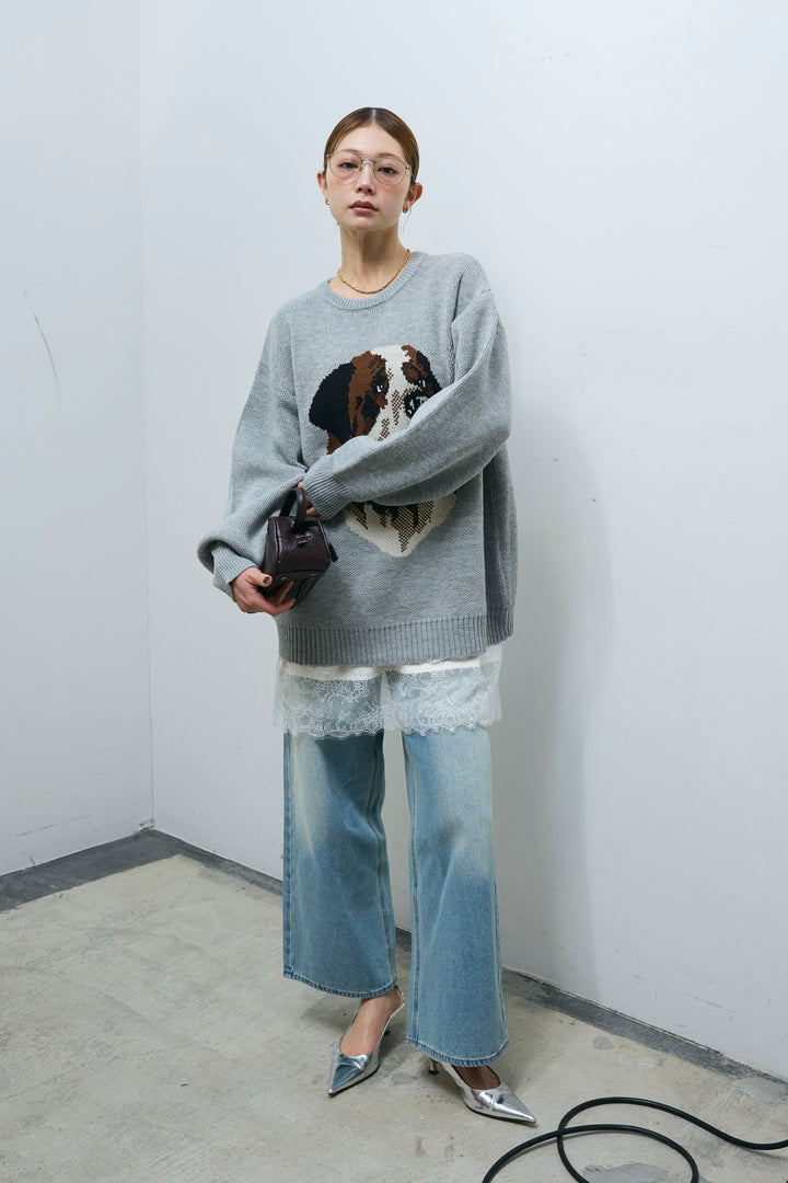 [予約/SET]バーナードジャガードプルオーバー+レースキャミ+ウエスト切り替えストレートデニム(3set)