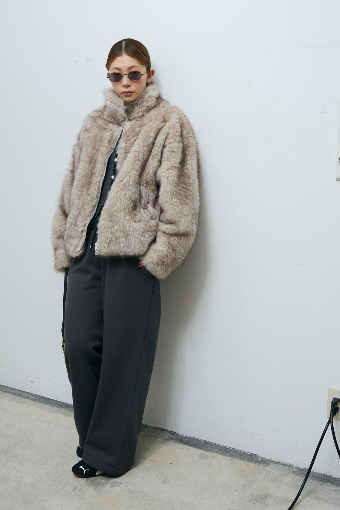 [予約/SET]ミックスファージップブルゾン+フロントホールニット+裏起毛スウェットワイドパンツ(3set)