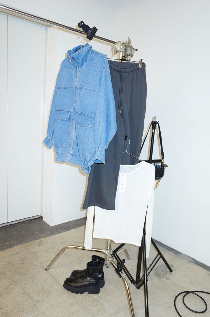 [予約/SET]スタンドジップデニムブルゾン+裏起毛スウェットワイドパンツ(2set)