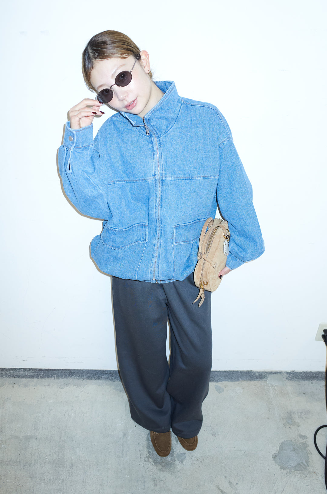 [予約/SET]スタンドジップデニムブルゾン+裏起毛スウェットワイドパンツ(2set)