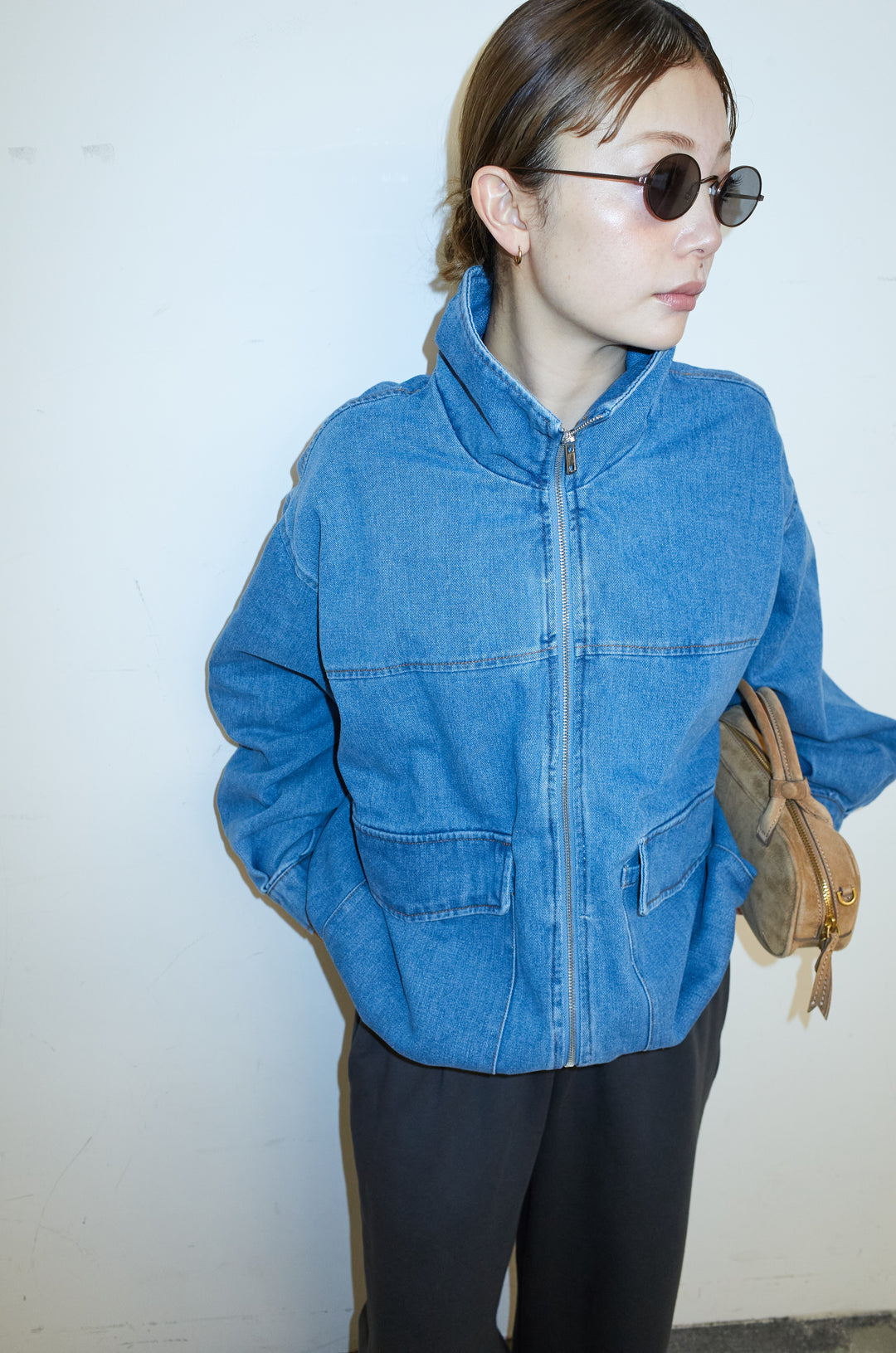 [予約/SET]スタンドジップデニムブルゾン+裏起毛スウェットワイドパンツ(2set)