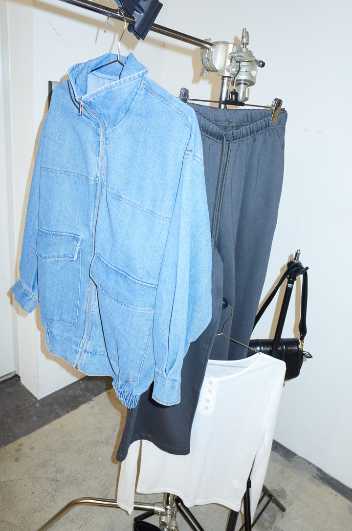 [予約/SET]スタンドジップデニムブルゾン+裏起毛スウェットワイドパンツ(2set)