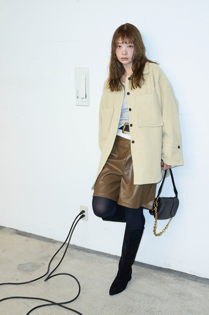 [予約/SET]ウールモッサ杢ヘリンボーンシャツJK+ストレッチフェイクレザーハーフパンツ(2set)