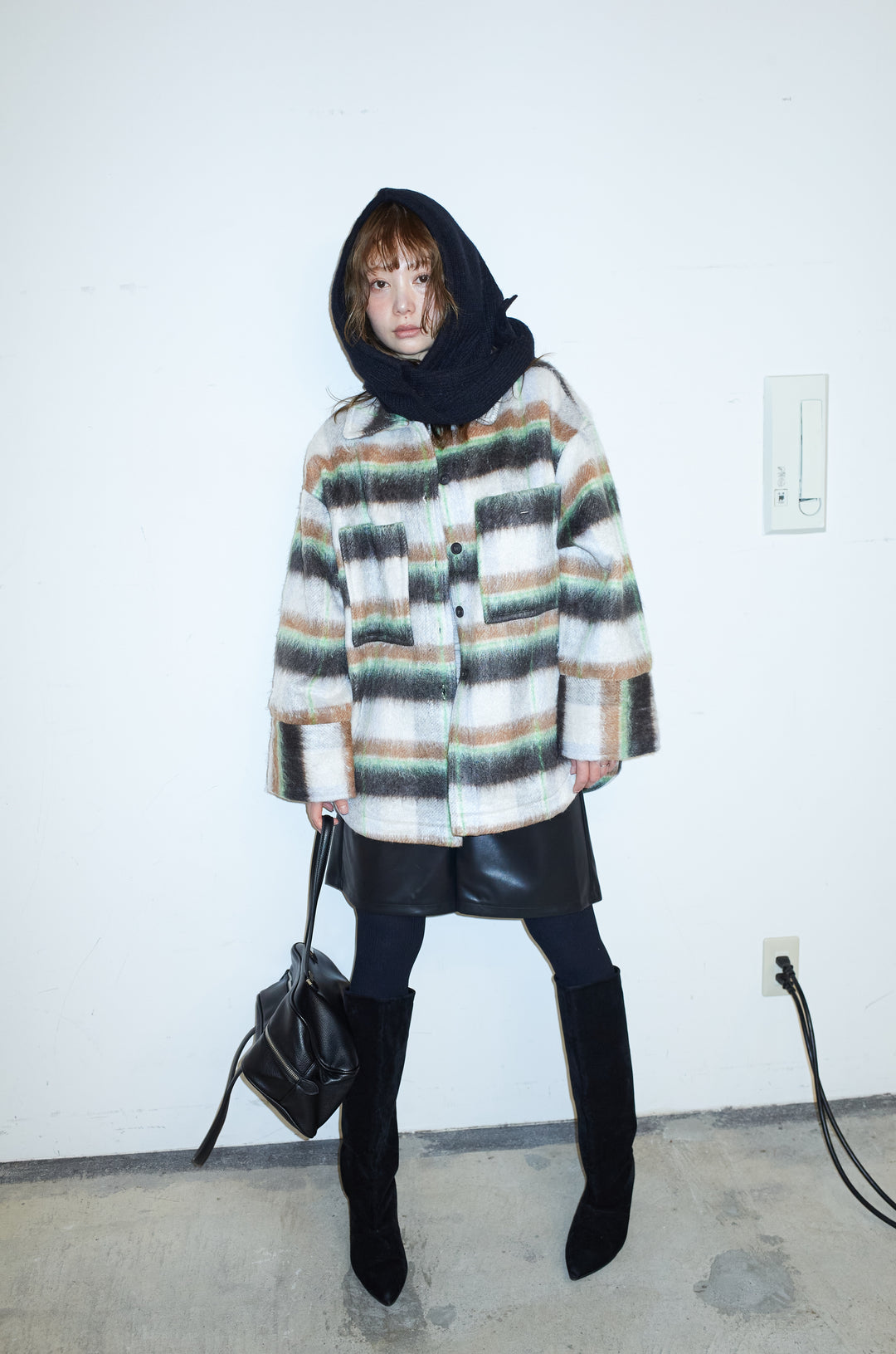 [予約/SET]ウールモッサ杢ヘリンボーンシャツJK+ストレッチフェイクレザーハーフパンツ(2set)