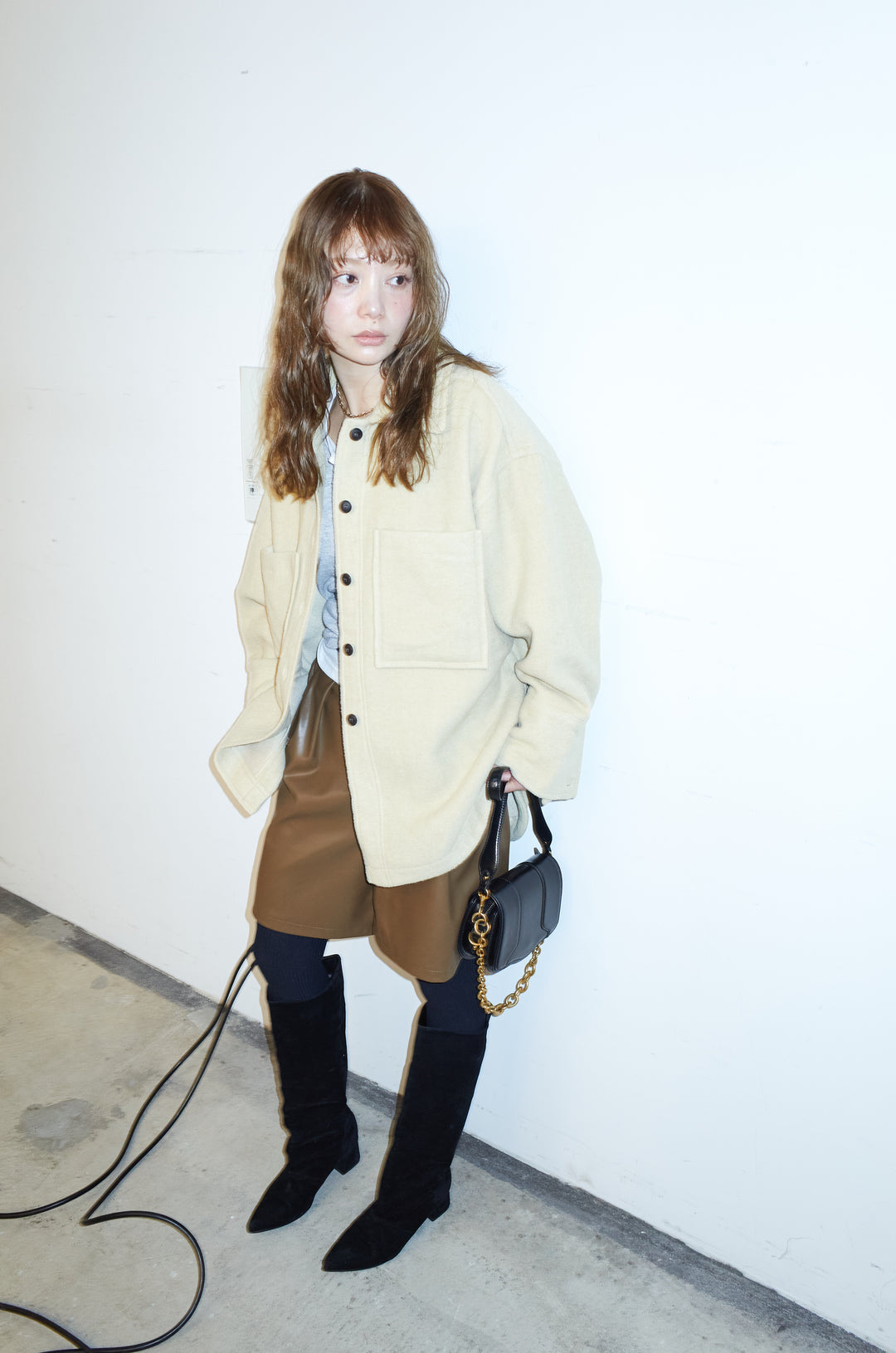 [予約/SET]ウールモッサ杢ヘリンボーンシャツJK+ストレッチフェイクレザーハーフパンツ(2set)