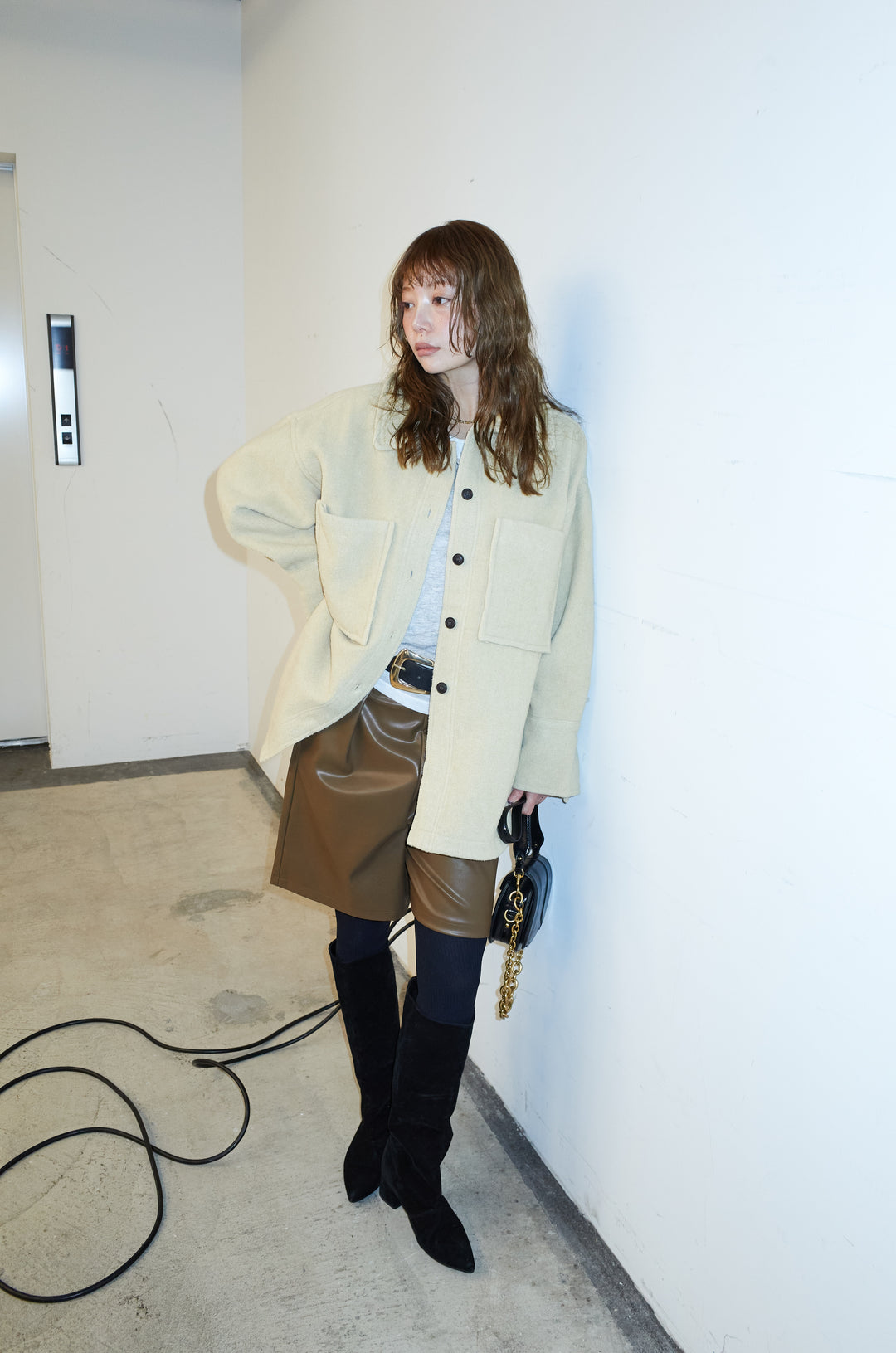 [予約/SET]ウールモッサ杢ヘリンボーンシャツJK+ストレッチフェイクレザーハーフパンツ(2set)