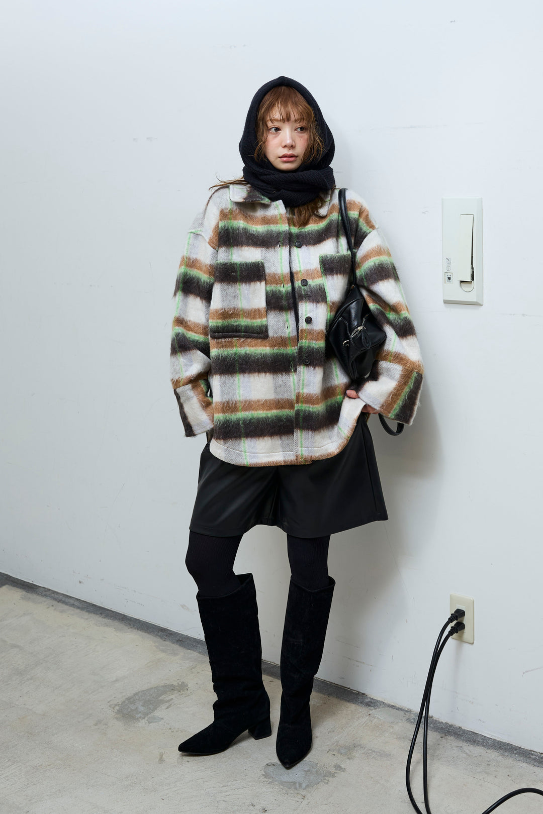 [予約/SET]ウールモッサ杢ヘリンボーンシャツJK+ストレッチフェイクレザーハーフパンツ(2set)