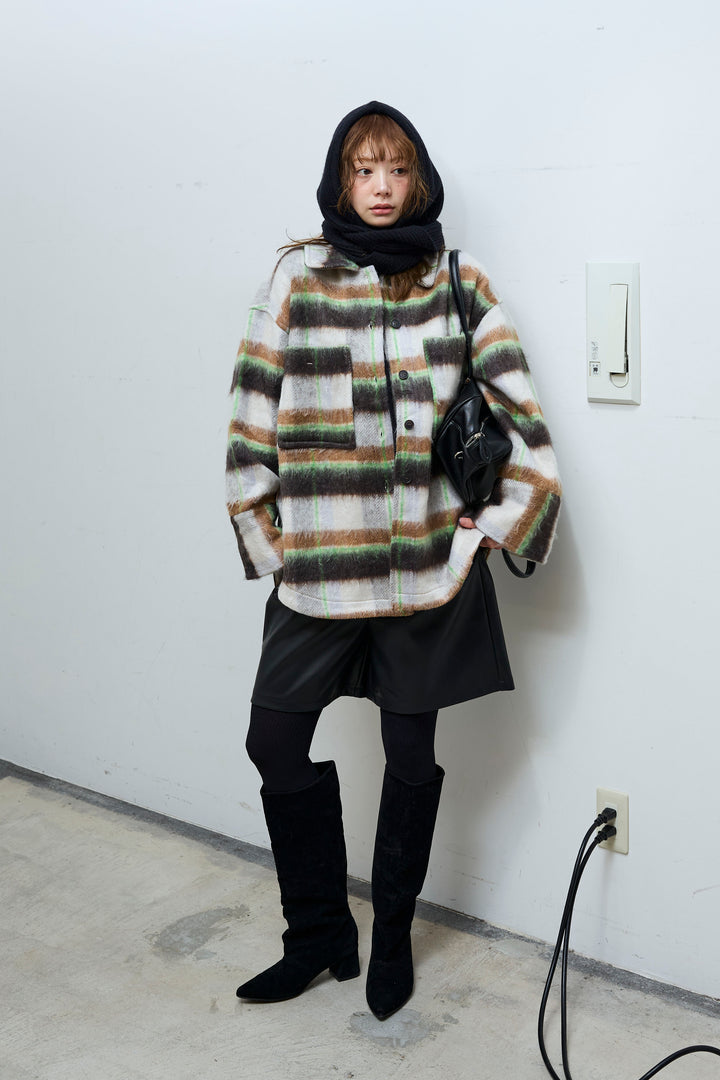 [予約/SET]ウールモッサ杢ヘリンボーンシャツJK+ストレッチフェイクレザーハーフパンツ(2set)