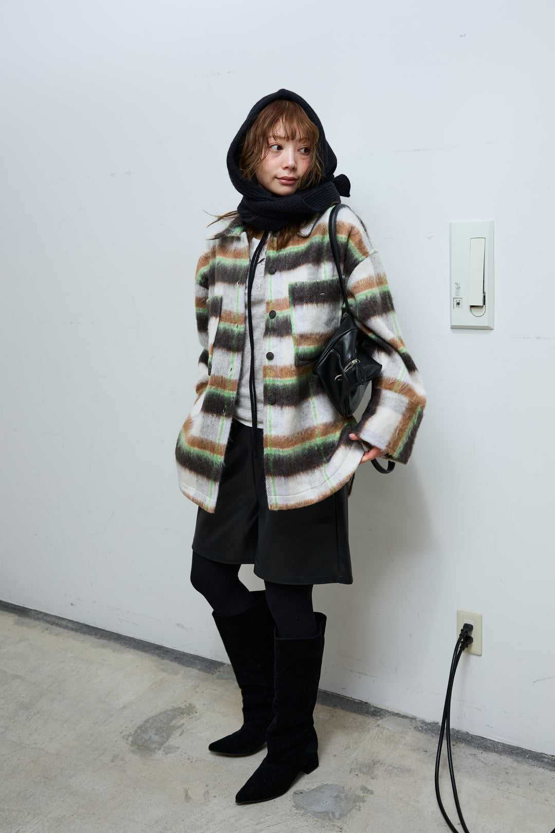 [予約/SET]ウールモッサ杢ヘリンボーンシャツJK+ストレッチフェイクレザーハーフパンツ(2set)