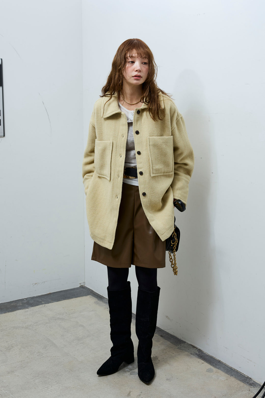 [予約/SET]ウールモッサ杢ヘリンボーンシャツJK+ストレッチフェイクレザーハーフパンツ(2set)