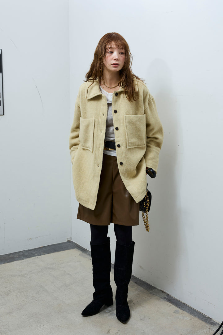 [予約/SET]ウールモッサ杢ヘリンボーンシャツJK+ストレッチフェイクレザーハーフパンツ(2set)