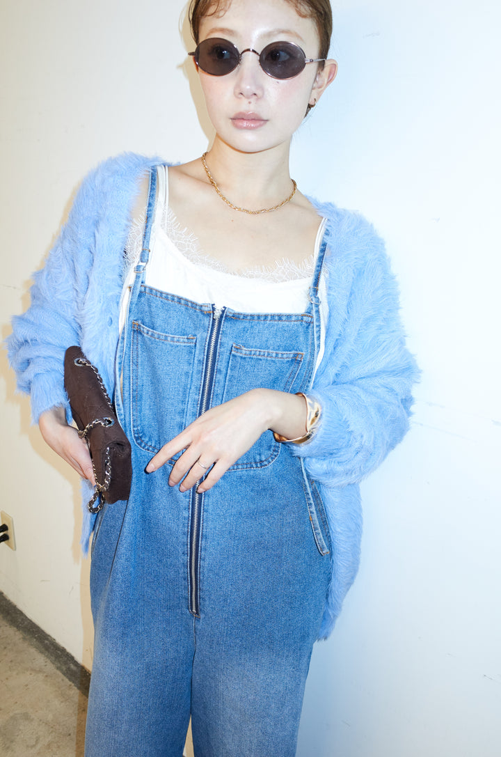 [予約/SET]起毛シャギーカーディガン+サテンレースキャミソール+フロントジップストラップデザインデニムサロペット(3set)