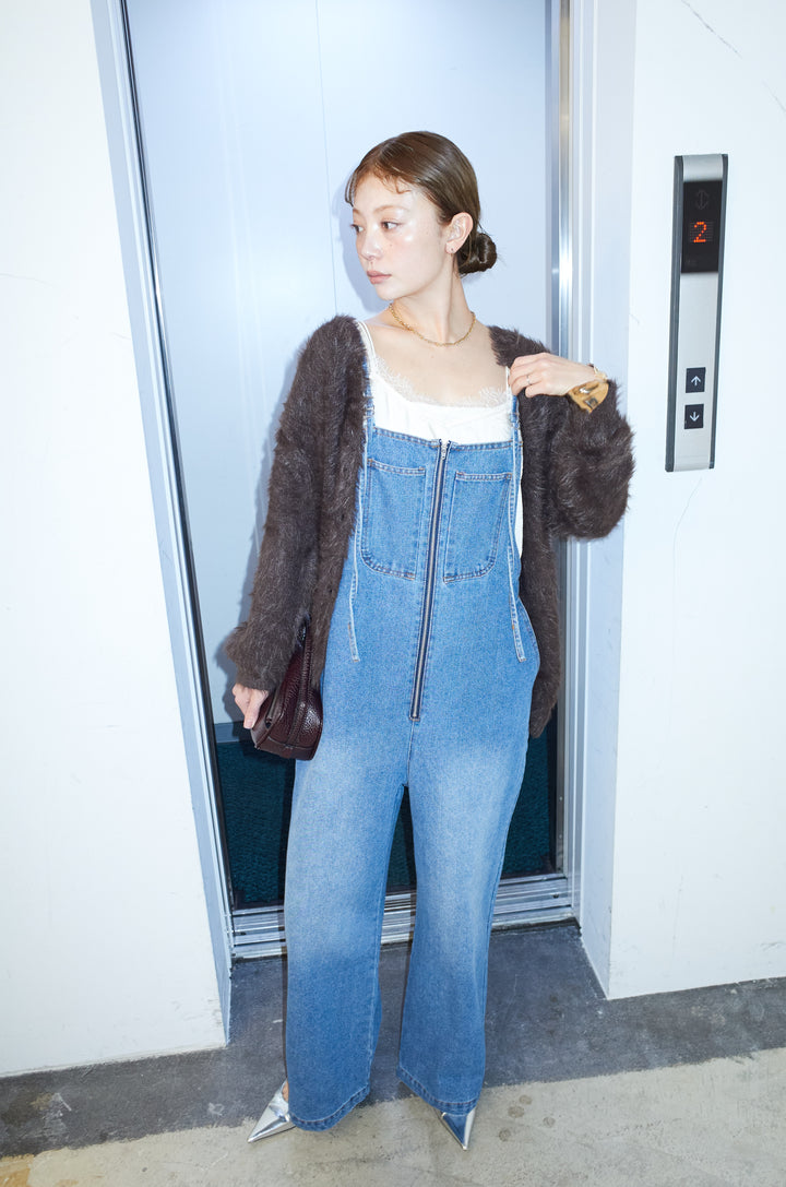 [予約/SET]起毛シャギーカーディガン+フロントジップストラップデザインデニムサロペット(2set)