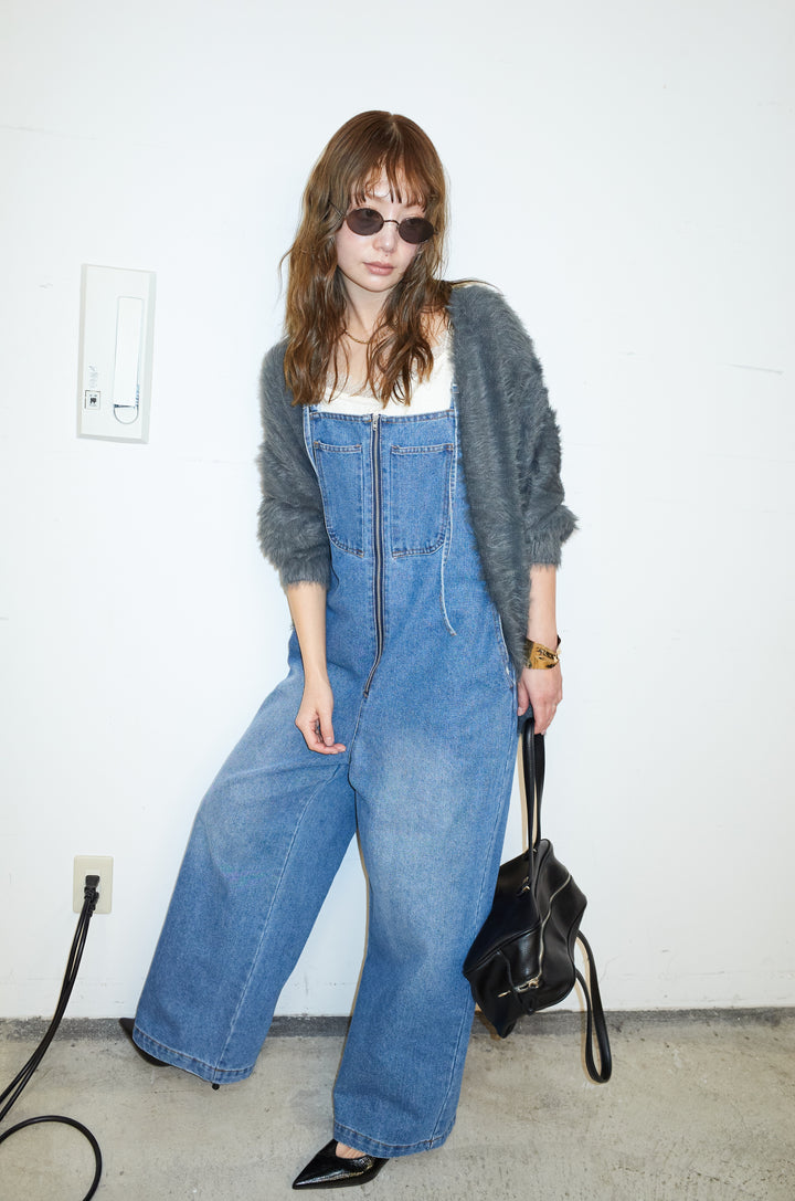 [予約/SET]起毛シャギーカーディガン+サテンレースキャミソール+フロントジップストラップデザインデニムサロペット(3set)