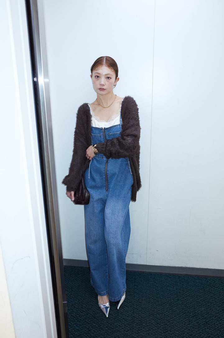 [予約/SET]起毛シャギーカーディガン+フロントジップストラップデザインデニムサロペット(2set)