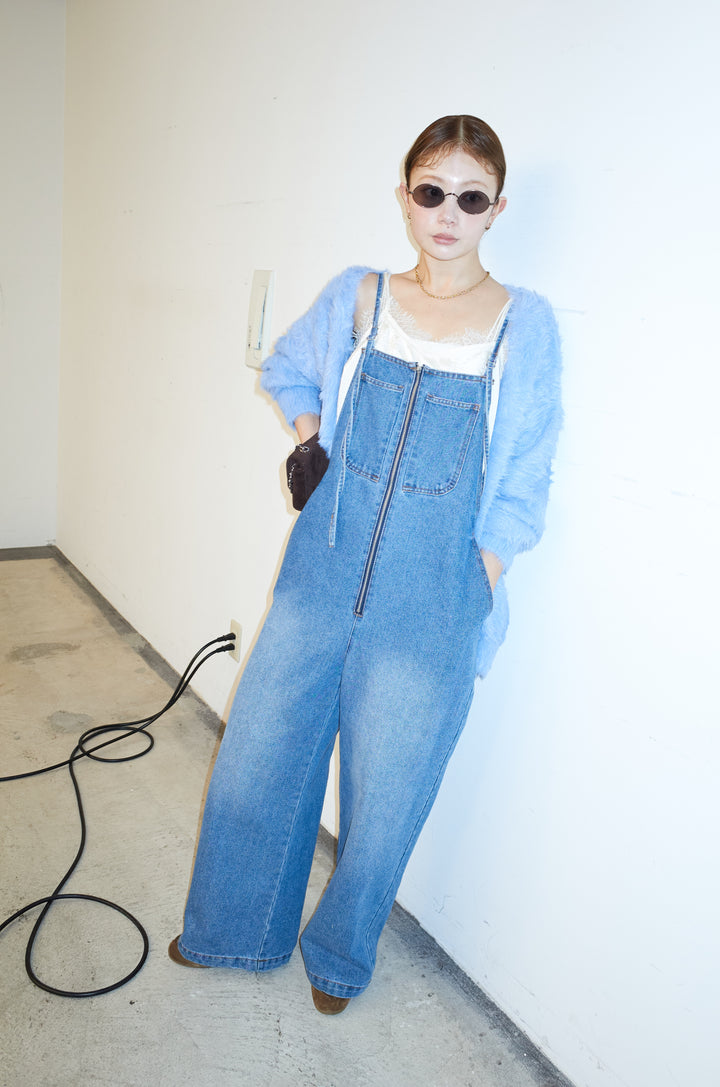 [予約/SET]起毛シャギーカーディガン+サテンレースキャミソール+フロントジップストラップデザインデニムサロペット(3set)