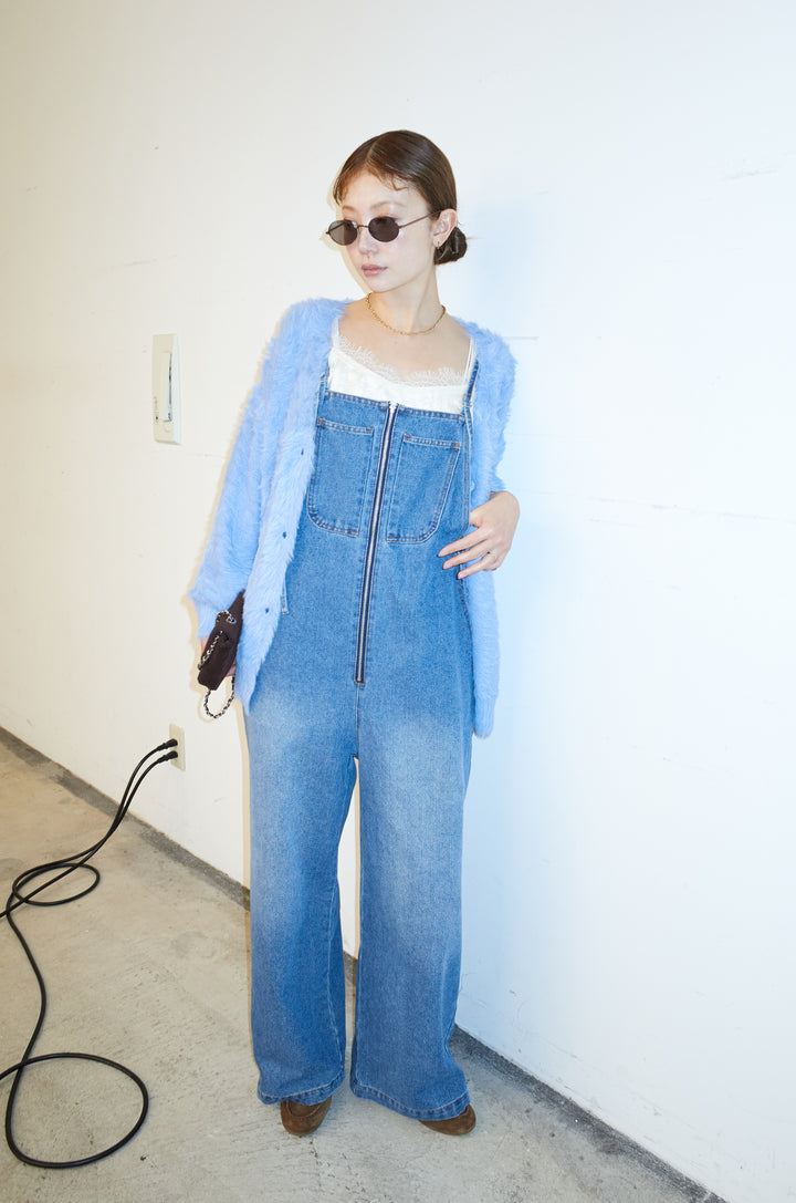 [予約/SET]起毛シャギーカーディガン+フロントジップストラップデザインデニムサロペット(2set)