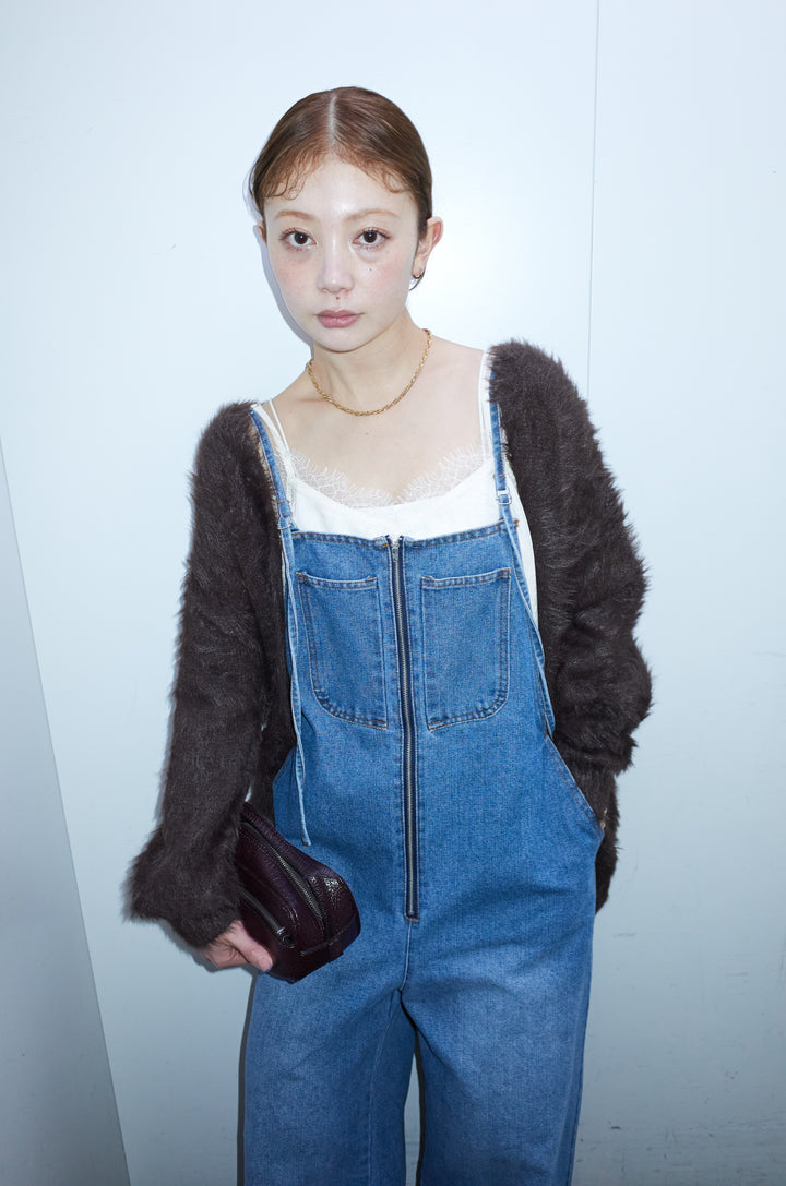 [予約/SET]起毛シャギーカーディガン+サテンレースキャミソール+フロントジップストラップデザインデニムサロペット(3set)