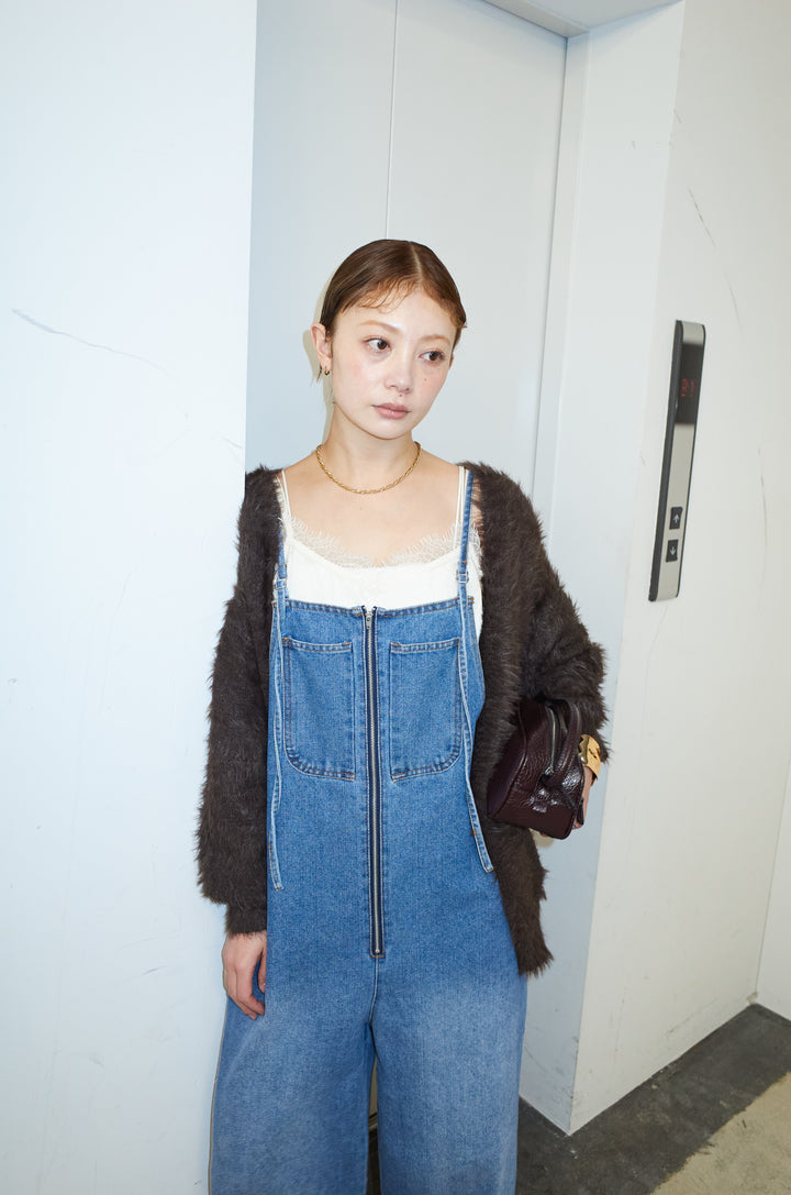 [予約/SET]起毛シャギーカーディガン+サテンレースキャミソール+フロントジップストラップデザインデニムサロペット(3set)