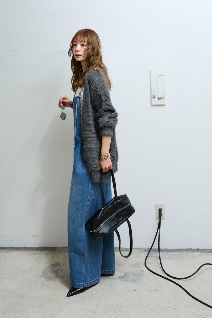 [予約/SET]起毛シャギーカーディガン+フロントジップストラップデザインデニムサロペット(2set)