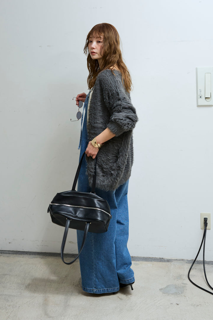 [予約/SET]起毛シャギーカーディガン+フロントジップストラップデザインデニムサロペット(2set)