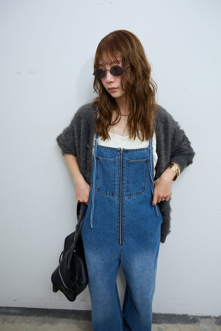 [予約/SET]起毛シャギーカーディガン+サテンレースキャミソール+フロントジップストラップデザインデニムサロペット(3set)