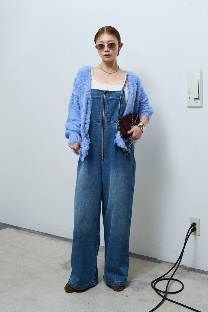 [予約/SET]起毛シャギーカーディガン+サテンレースキャミソール+フロントジップストラップデザインデニムサロペット(3set)