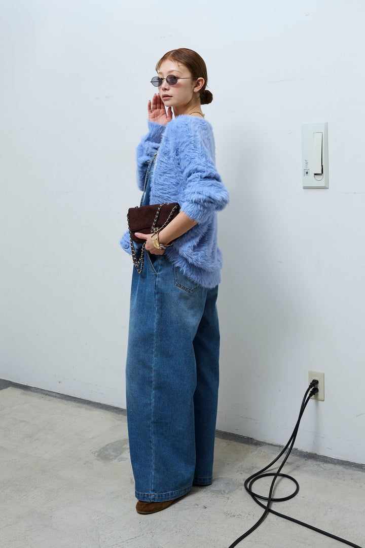 [予約/SET]起毛シャギーカーディガン+サテンレースキャミソール+フロントジップストラップデザインデニムサロペット(3set)